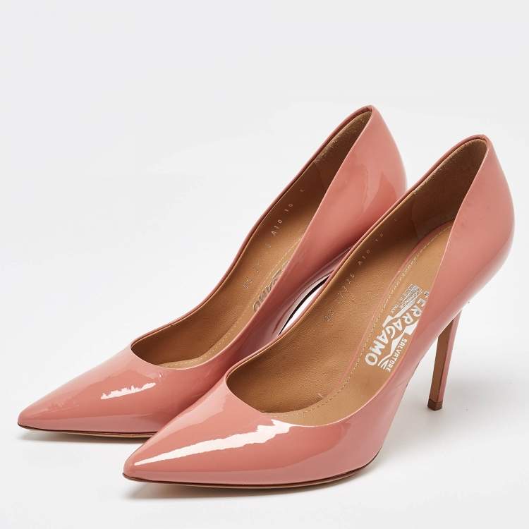 Pre Owned Salvatore Ferragamo Peach Patent Leather Pointed Toe Pumps Size 40.5