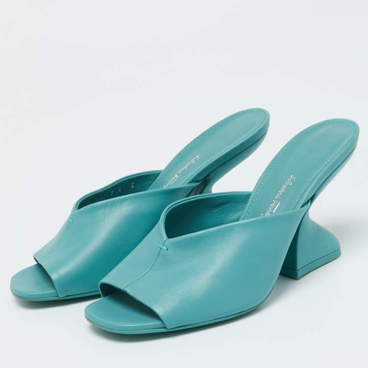 Pre Owned Salvatore Ferragamo Green Leather Sansu Mules Size 37