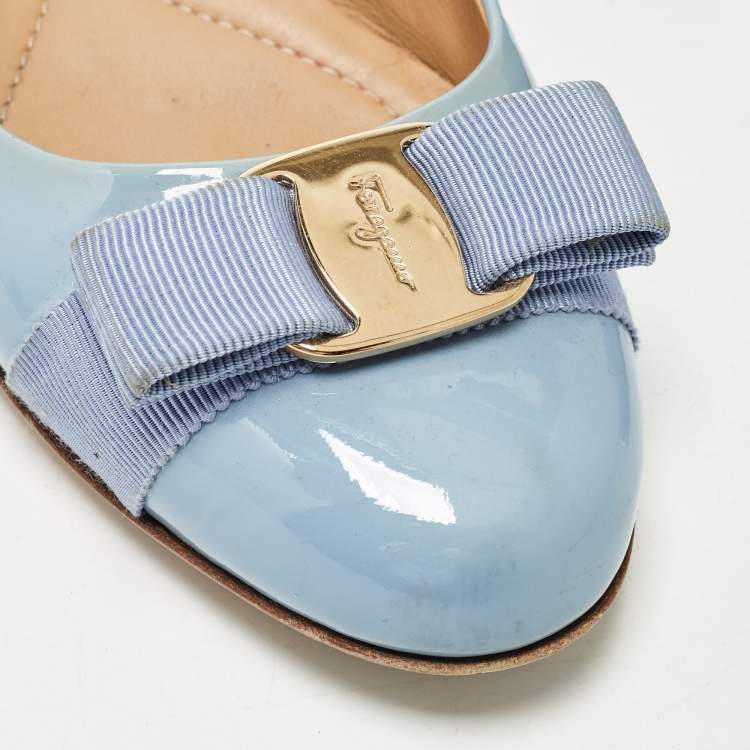 Pre Owned Salvatore Ferragamo Blue Patent Leather Varina Flat Ballets Size 38