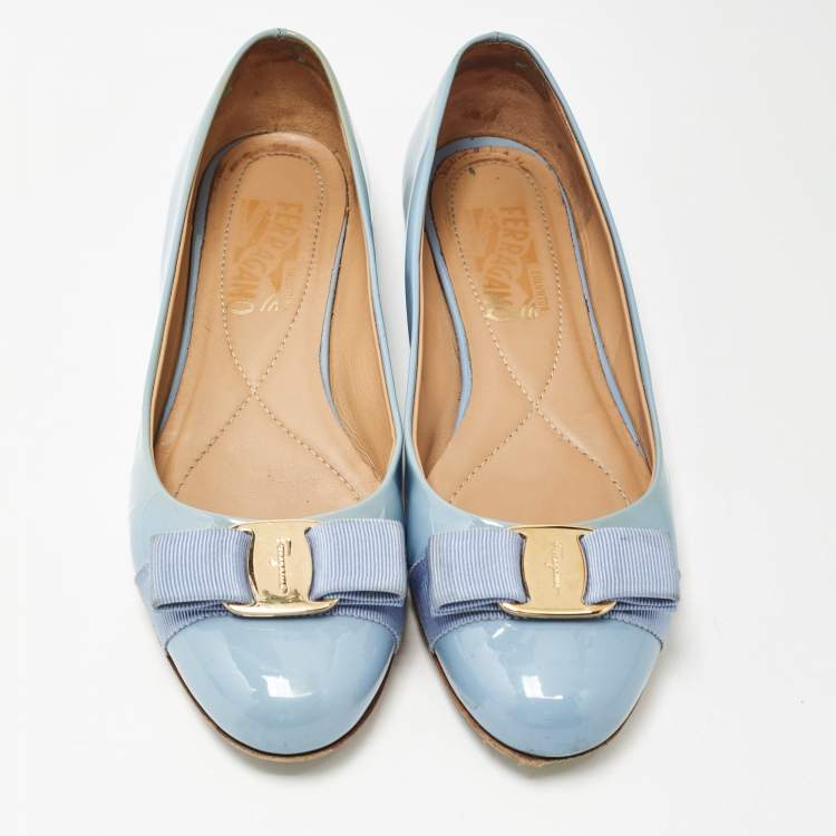 Pre Owned Salvatore Ferragamo Blue Patent Leather Varina Flat Ballets Size 38