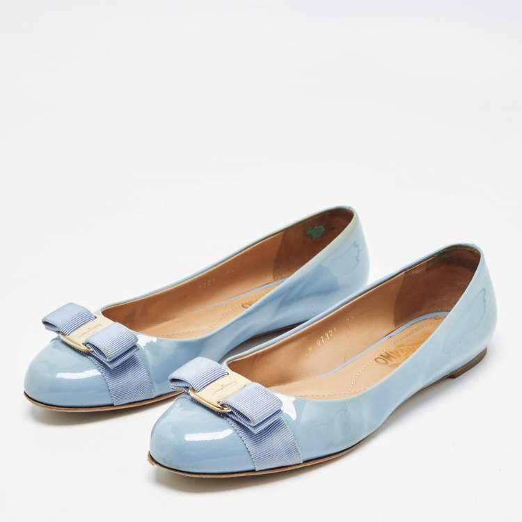 Pre Owned Salvatore Ferragamo Blue Patent Leather Varina Flat Ballets Size 38