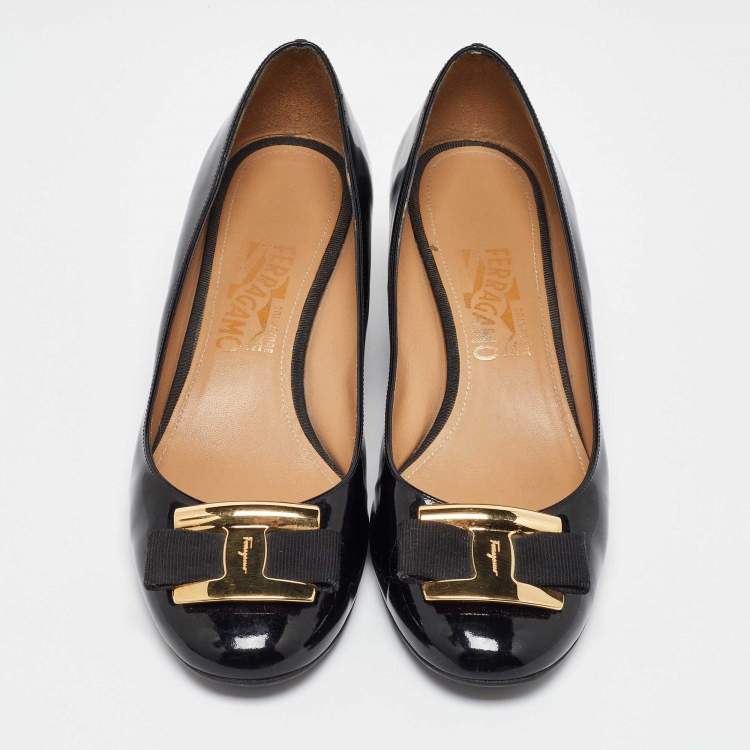 Pre Owned Salvatore Ferragamo Black Patent Leather Ninna Wedges Pumps Size 39