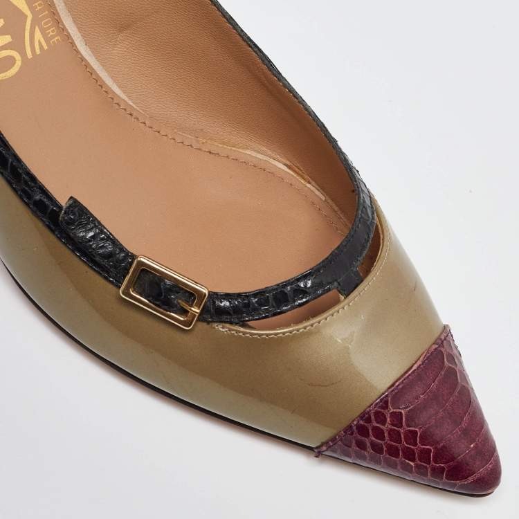 Pre Owned Salvatore Ferragamo Tri Color Python Embossed and Patent Leather Pointed Toe Pumps Size 38