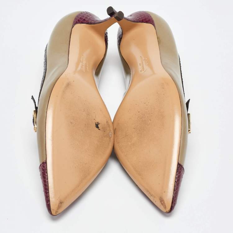 Pre Owned Salvatore Ferragamo Tri Color Python Embossed and Patent Leather Pointed Toe Pumps Size 38