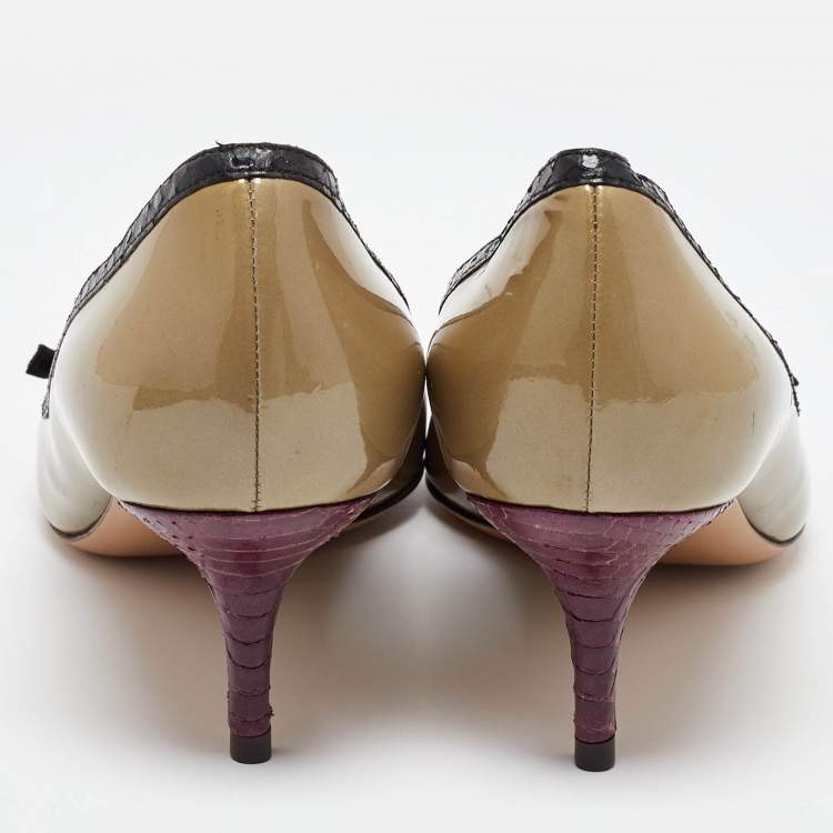 Pre Owned Salvatore Ferragamo Tri Color Python Embossed and Patent Leather Pointed Toe Pumps Size 38