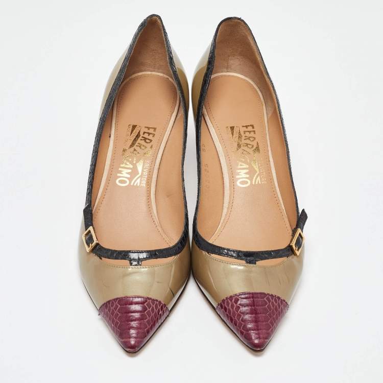 Pre Owned Salvatore Ferragamo Tri Color Python Embossed and Patent Leather Pointed Toe Pumps Size 38