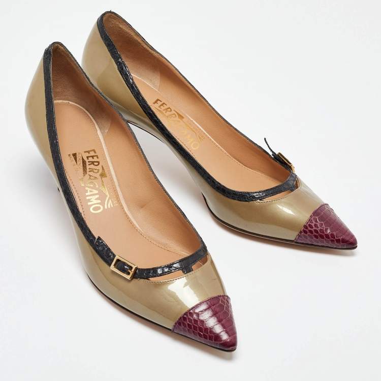 Pre Owned Salvatore Ferragamo Tri Color Python Embossed and Patent Leather Pointed Toe Pumps Size 38