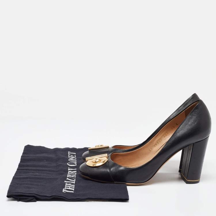 Pre Owned Salvatore Ferragamo Black Leather Buckle Block Heel Pumps Size 39