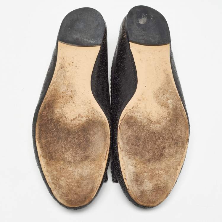 Pre Owned Salvatore Ferragamo Black Perforated Leather Vara Lace Bow Ballet Flats Size 40