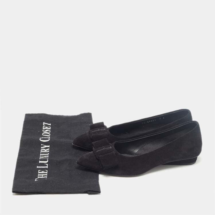 Pre Owned Salvatore Ferragamo Black Suede Viva Bow Ballet Flats Size 37.5
