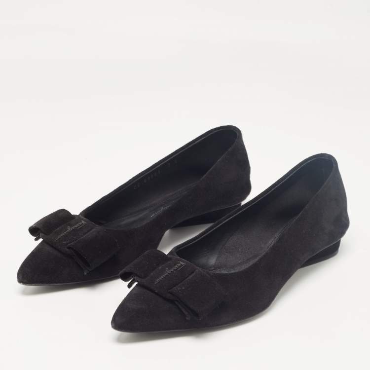 Pre Owned Salvatore Ferragamo Black Suede Viva Bow Ballet Flats Size 37.5