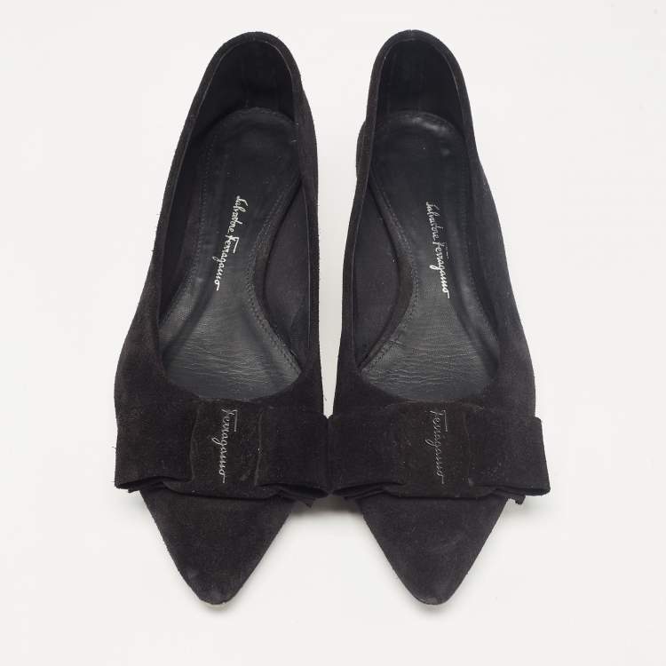 Pre Owned Salvatore Ferragamo Black Suede Viva Bow Ballet Flats Size 37.5