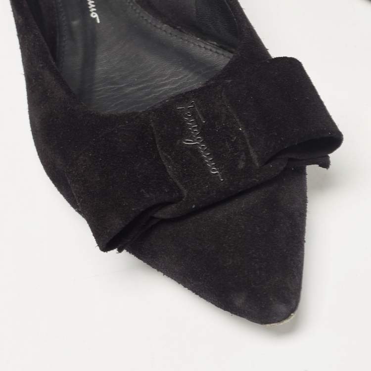 Pre Owned Salvatore Ferragamo Black Suede Viva Bow Ballet Flats Size 37.5