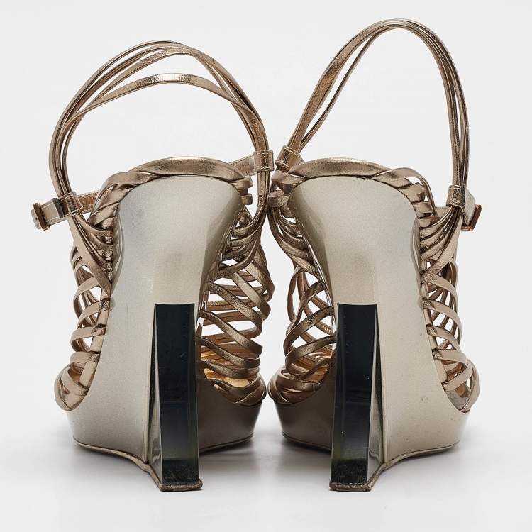 Pre Owned Salvatore Ferragamo Metallic Leather Wedge Sandals Size 39.5