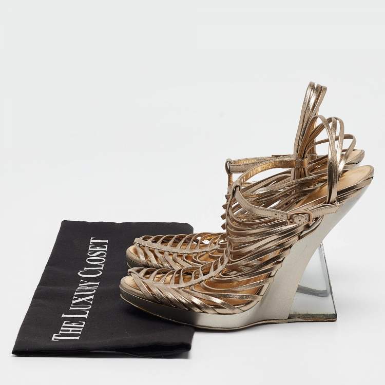 Pre Owned Salvatore Ferragamo Metallic Leather Wedge Sandals Size 39.5