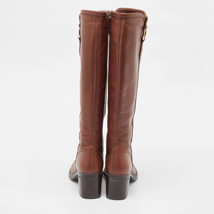 Pre Owned Salvatore Ferragamo Brown Leather Knee Length Boots Size 37.5