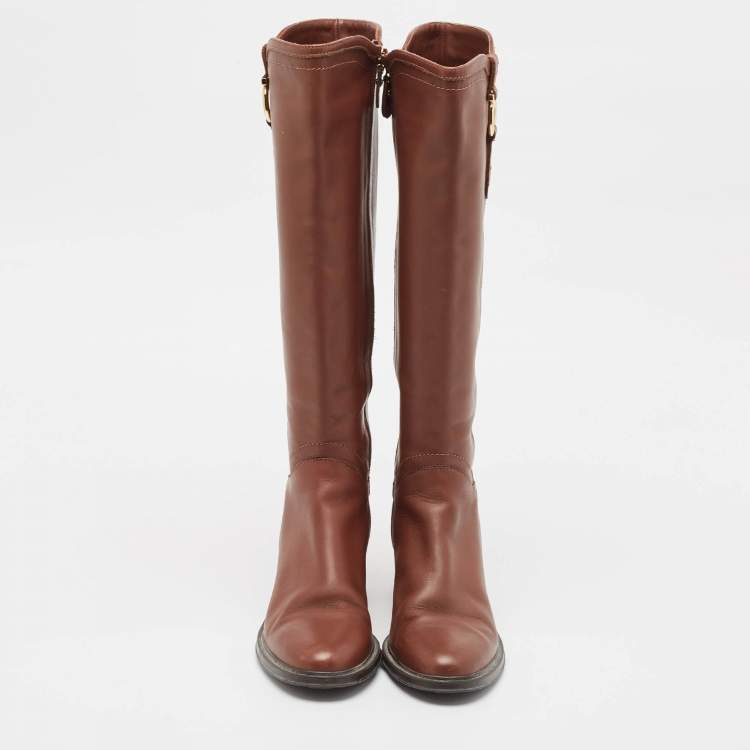 Pre Owned Salvatore Ferragamo Brown Leather Knee Length Boots Size 37.5