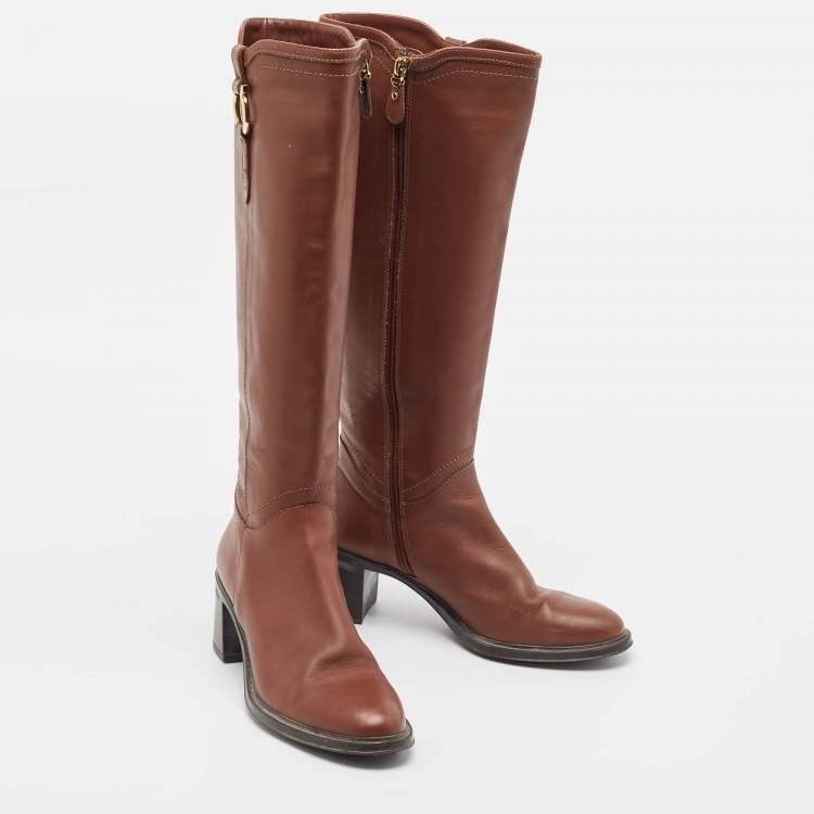 Pre Owned Salvatore Ferragamo Brown Leather Knee Length Boots Size 37.5