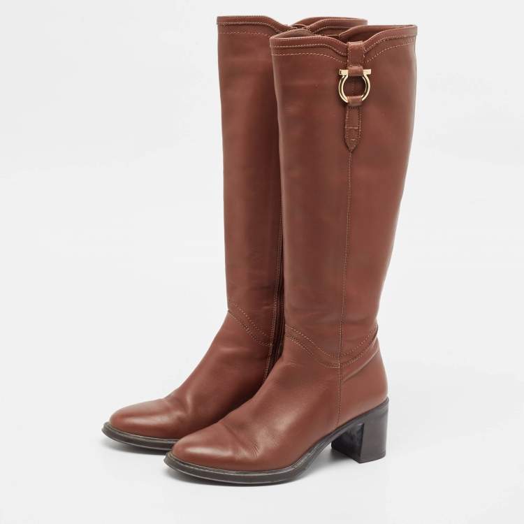 Pre Owned Salvatore Ferragamo Brown Leather Knee Length Boots Size 37.5