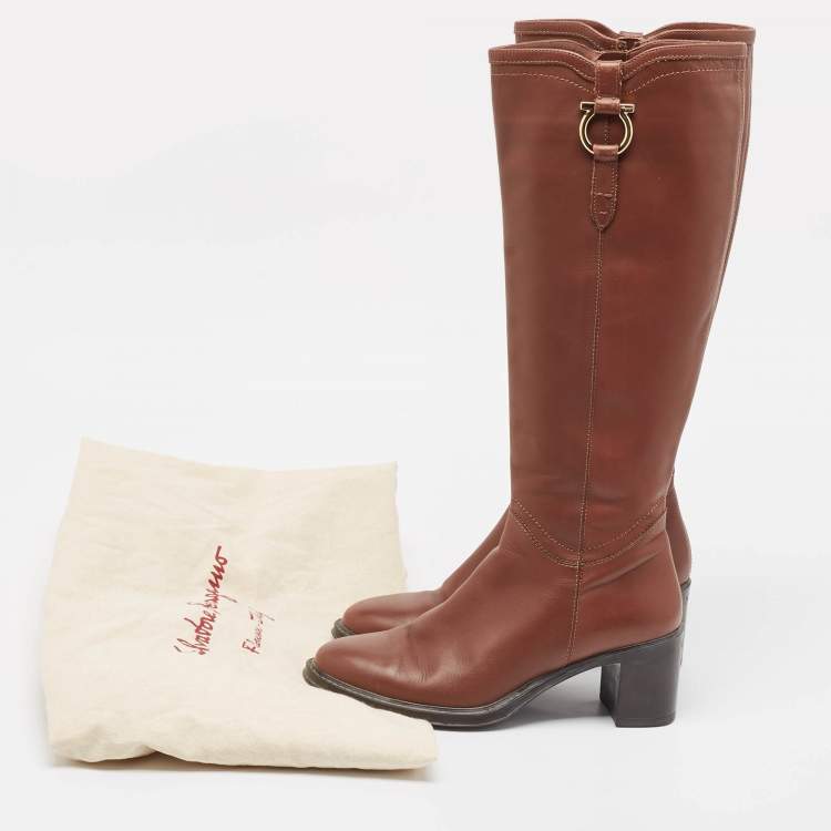 Pre Owned Salvatore Ferragamo Brown Leather Knee Length Boots Size 37.5