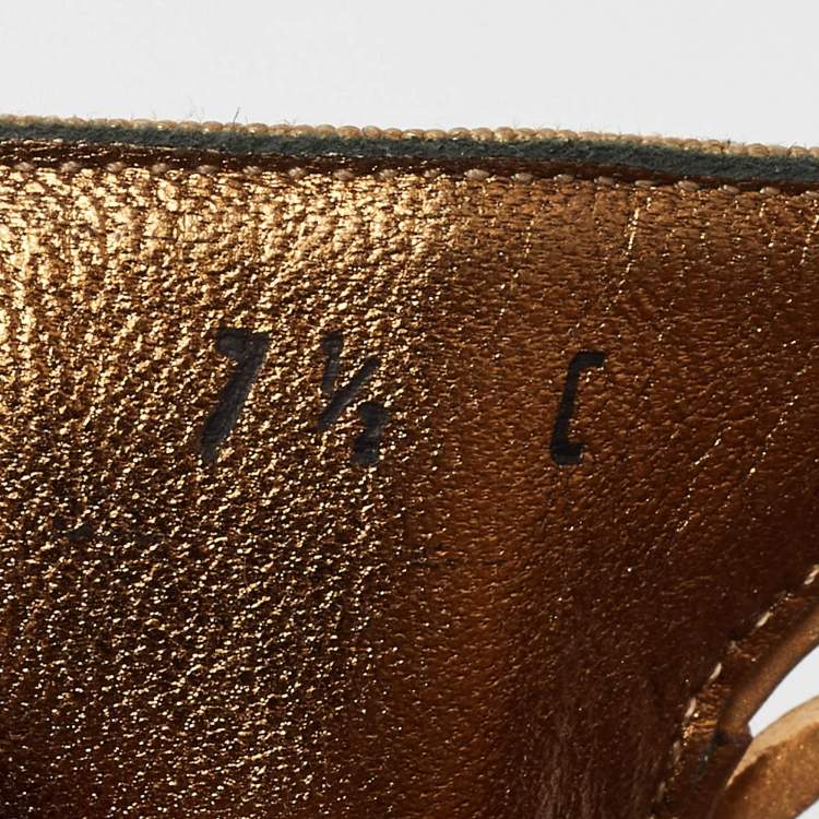 Pre Owned Salvatore Ferragamo Gold Canvas and Leather Ankle Strap Sandals Size 38