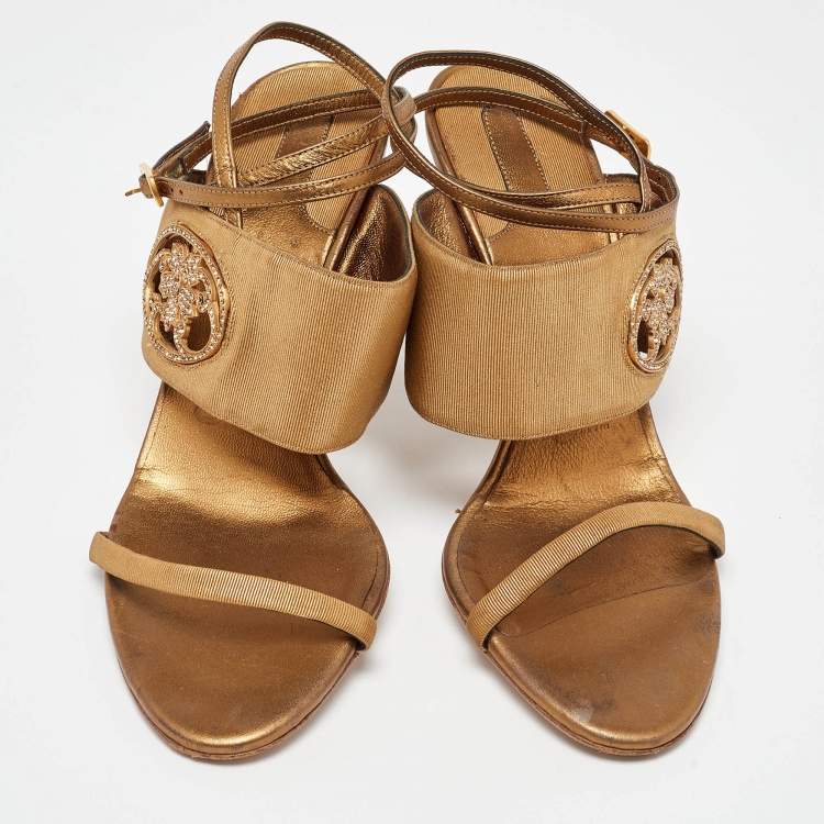 Pre Owned Salvatore Ferragamo Gold Canvas and Leather Ankle Strap Sandals Size 38