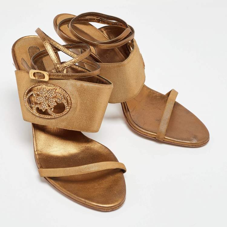 Pre Owned Salvatore Ferragamo Gold Canvas and Leather Ankle Strap Sandals Size 38