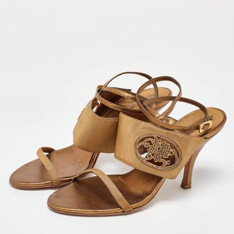 Pre Owned Salvatore Ferragamo Gold Canvas and Leather Ankle Strap Sandals Size 38