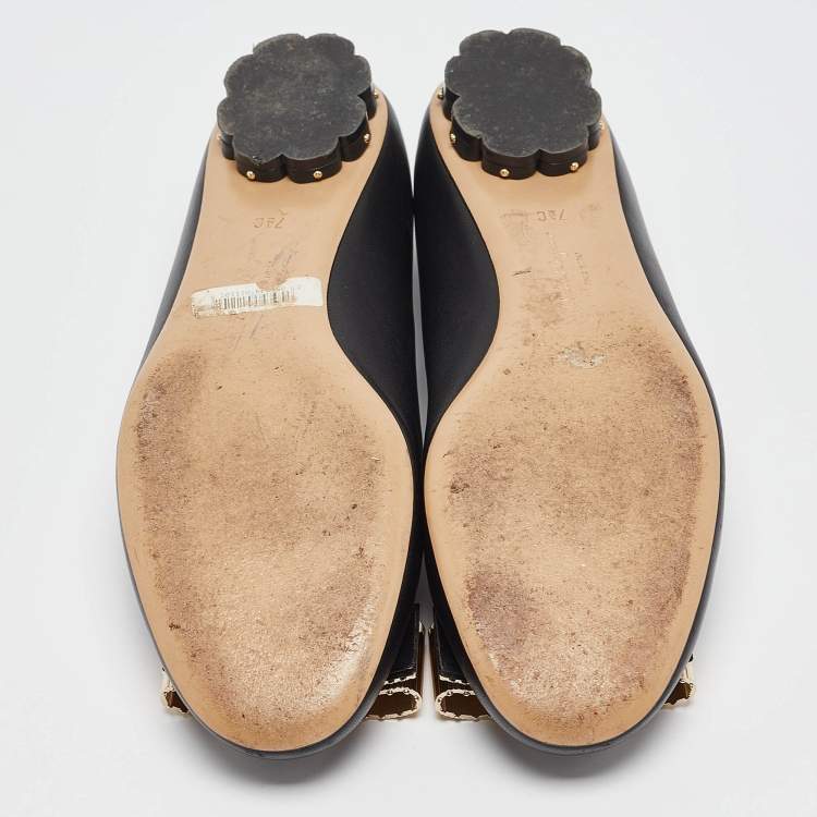 Pre Owned Salvatore Ferragamo Black Leather Vara Bow Ballet Flats Size 37.5