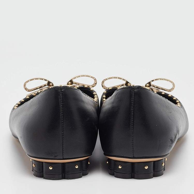 Pre Owned Salvatore Ferragamo Black Leather Vara Bow Ballet Flats Size 37.5