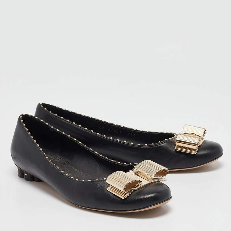 Pre Owned Salvatore Ferragamo Black Leather Vara Bow Ballet Flats Size 37.5