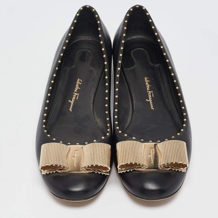 Pre Owned Salvatore Ferragamo Black Leather Vara Bow Ballet Flats Size 37.5