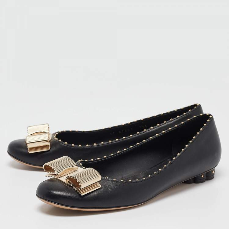 Pre Owned Salvatore Ferragamo Black Leather Vara Bow Ballet Flats Size 37.5
