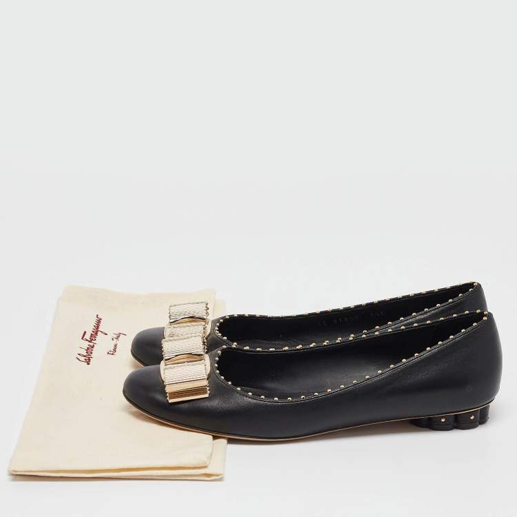 Pre Owned Salvatore Ferragamo Black Leather Vara Bow Ballet Flats Size 37.5