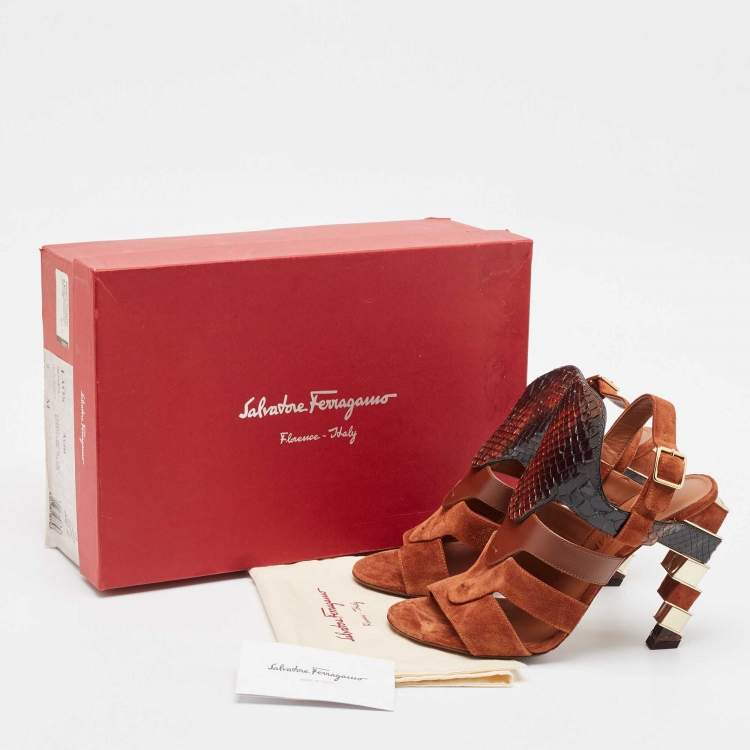 Pre Owned Salvatore Ferragamo Brown Leather Python and Leather Laos Ankle Strap Sandals Size 37.5