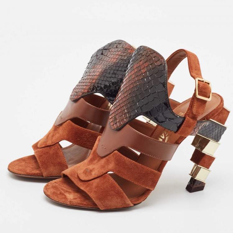 Pre Owned Salvatore Ferragamo Brown Leather Python and Leather Laos Ankle Strap Sandals Size 37.5