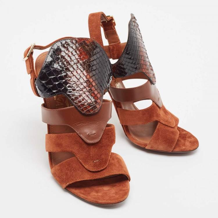 Pre Owned Salvatore Ferragamo Brown Leather Python and Leather Laos Ankle Strap Sandals Size 37.5