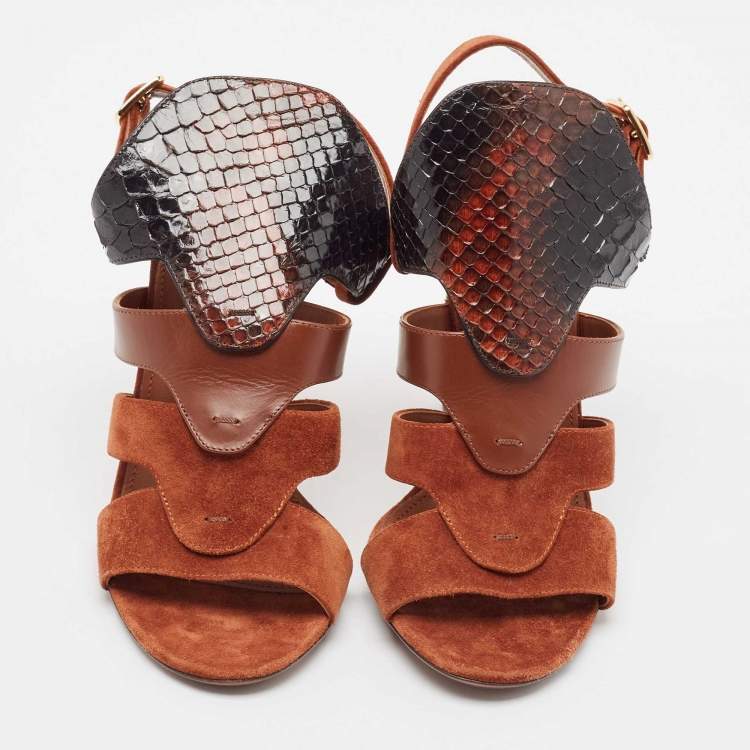 Pre Owned Salvatore Ferragamo Brown Leather Python and Leather Laos Ankle Strap Sandals Size 37.5