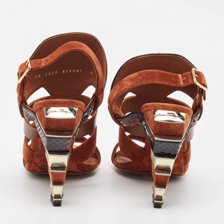 Pre Owned Salvatore Ferragamo Brown Leather Python and Leather Laos Ankle Strap Sandals Size 37.5