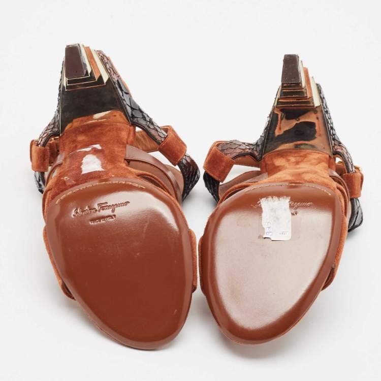 Pre Owned Salvatore Ferragamo Brown Leather Python and Leather Laos Ankle Strap Sandals Size 37.5