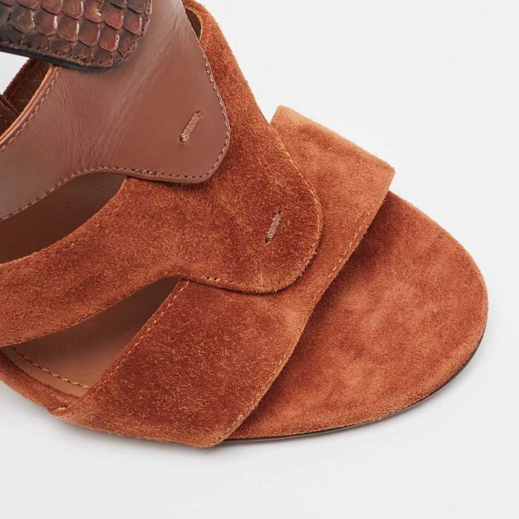 Pre Owned Salvatore Ferragamo Brown Leather Python and Leather Laos Ankle Strap Sandals Size 37.5