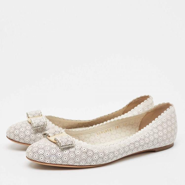 Pre Owned Salvatore Ferragamo White Perforated Leather Varina Ballet Flats Size 39.5