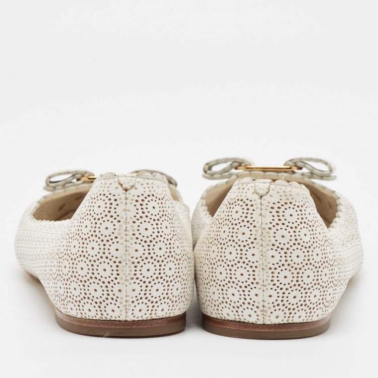 Pre Owned Salvatore Ferragamo White Perforated Leather Varina Ballet Flats Size 39.5