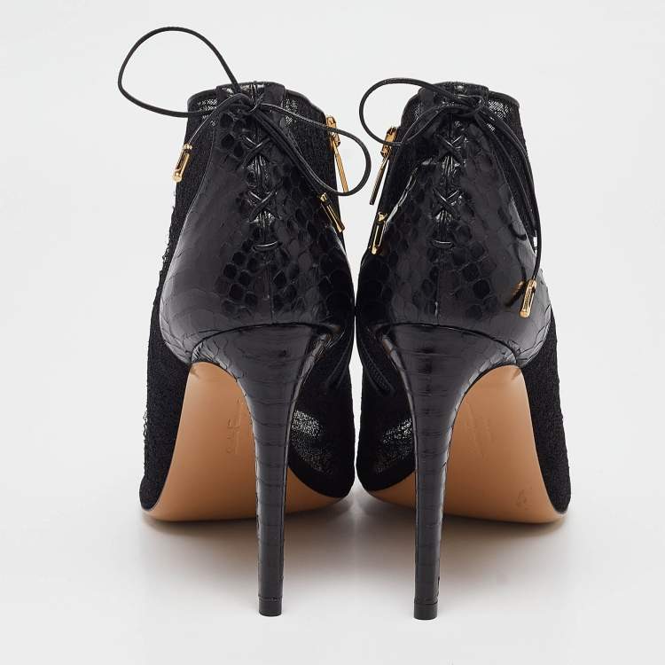 Pre Owned Salvatore Ferragamo Black Lace and Python Nufus Open Toe Booties Size 39.5