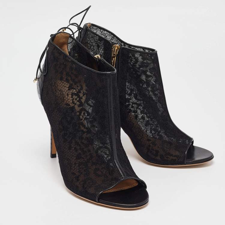 Pre Owned Salvatore Ferragamo Black Lace and Python Nufus Open Toe Booties Size 39.5