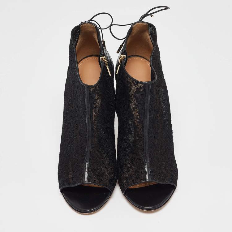 Pre Owned Salvatore Ferragamo Black Lace and Python Nufus Open Toe Booties Size 39.5