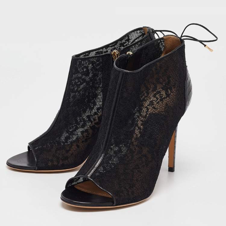 Pre Owned Salvatore Ferragamo Black Lace and Python Nufus Open Toe Booties Size 39.5
