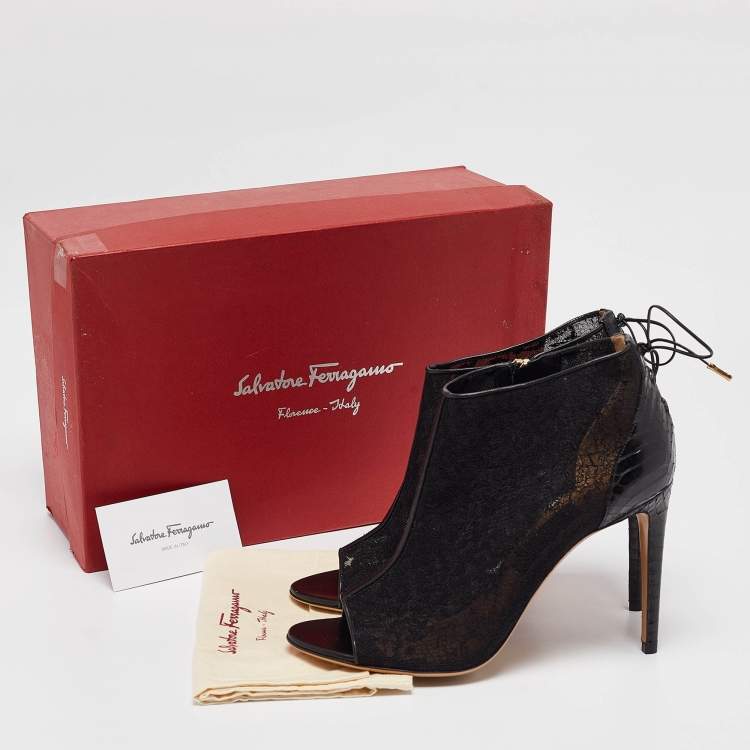 Pre Owned Salvatore Ferragamo Black Lace and Python Nufus Open Toe Booties Size 39.5
