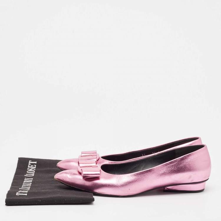 Pre Owned Salvatore Ferragamo Metallic Pink Leather Viva Bow Ballet Flats Size 40