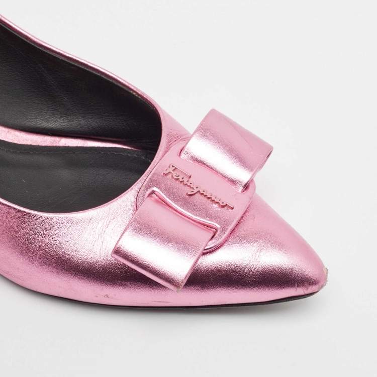 Pre Owned Salvatore Ferragamo Metallic Pink Leather Viva Bow Ballet Flats Size 40
